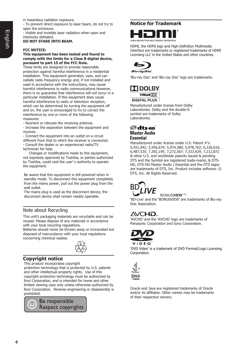 E ng lis h, Copyright notice, Notice for trademark | Toshiba BDX1100KU User Manual | Page 4 / 46