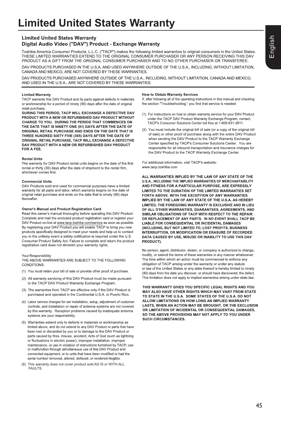 Limited united states warranty | Toshiba BDX1100KU User Manual | Page 45 / 46