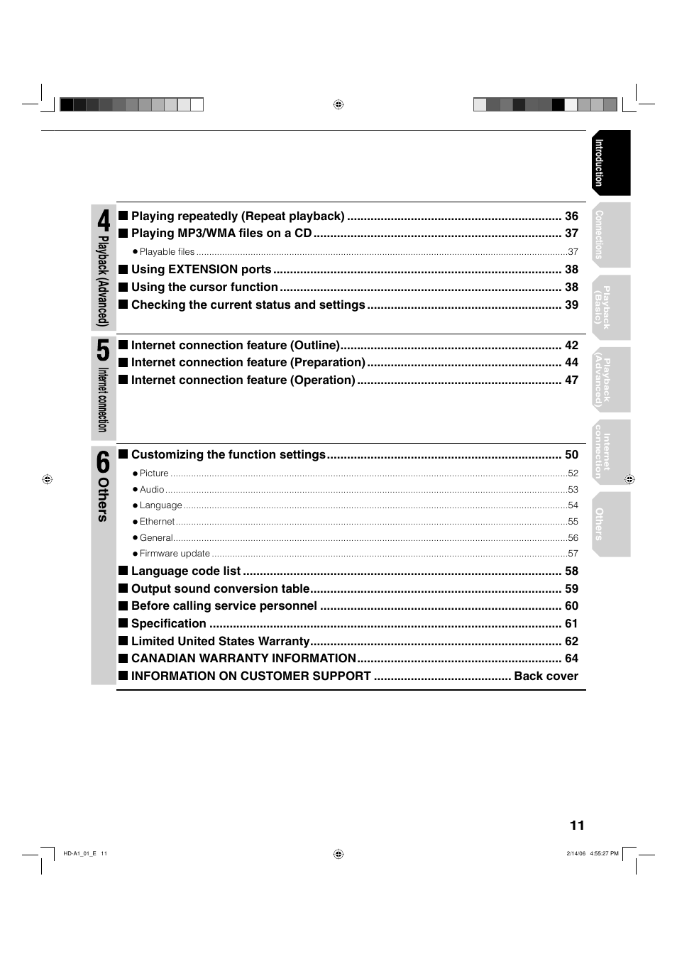 Playback (advanced), Internet connection, Others | Toshiba HD-A1 User Manual | Page 11 / 68