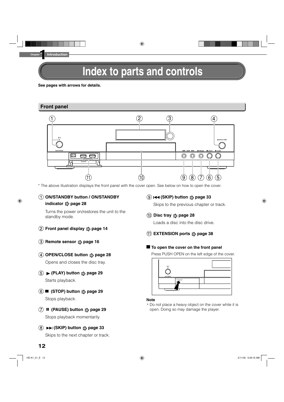 Index to parts and controls | Toshiba HD-A1 User Manual | Page 12 / 68