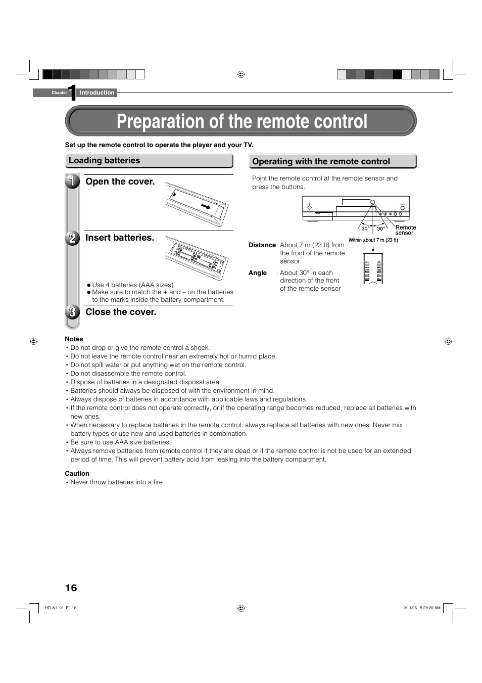 Preparation of the remote control | Toshiba HD-A1 User Manual | Page 16 / 68