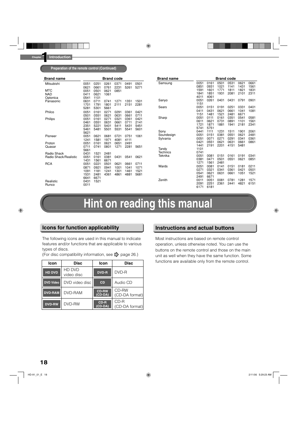 Hint on reading this manual | Toshiba HD-A1 User Manual | Page 18 / 68