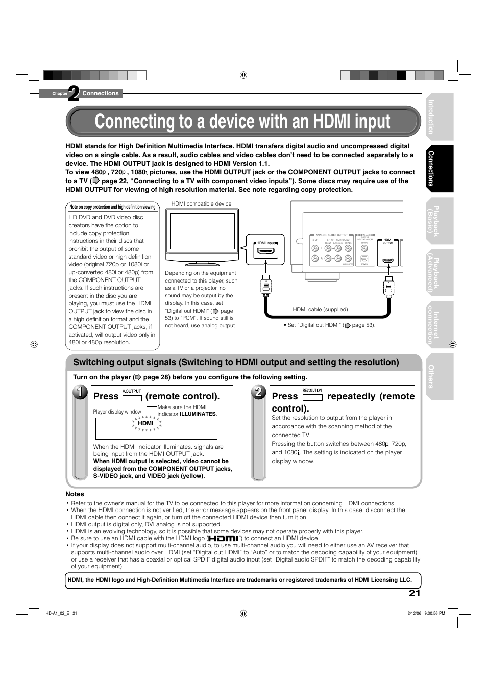 Connecting to a device with an hdmi input, Press (remote control), Press repeatedly (remote control) | Toshiba HD-A1 User Manual | Page 21 / 68