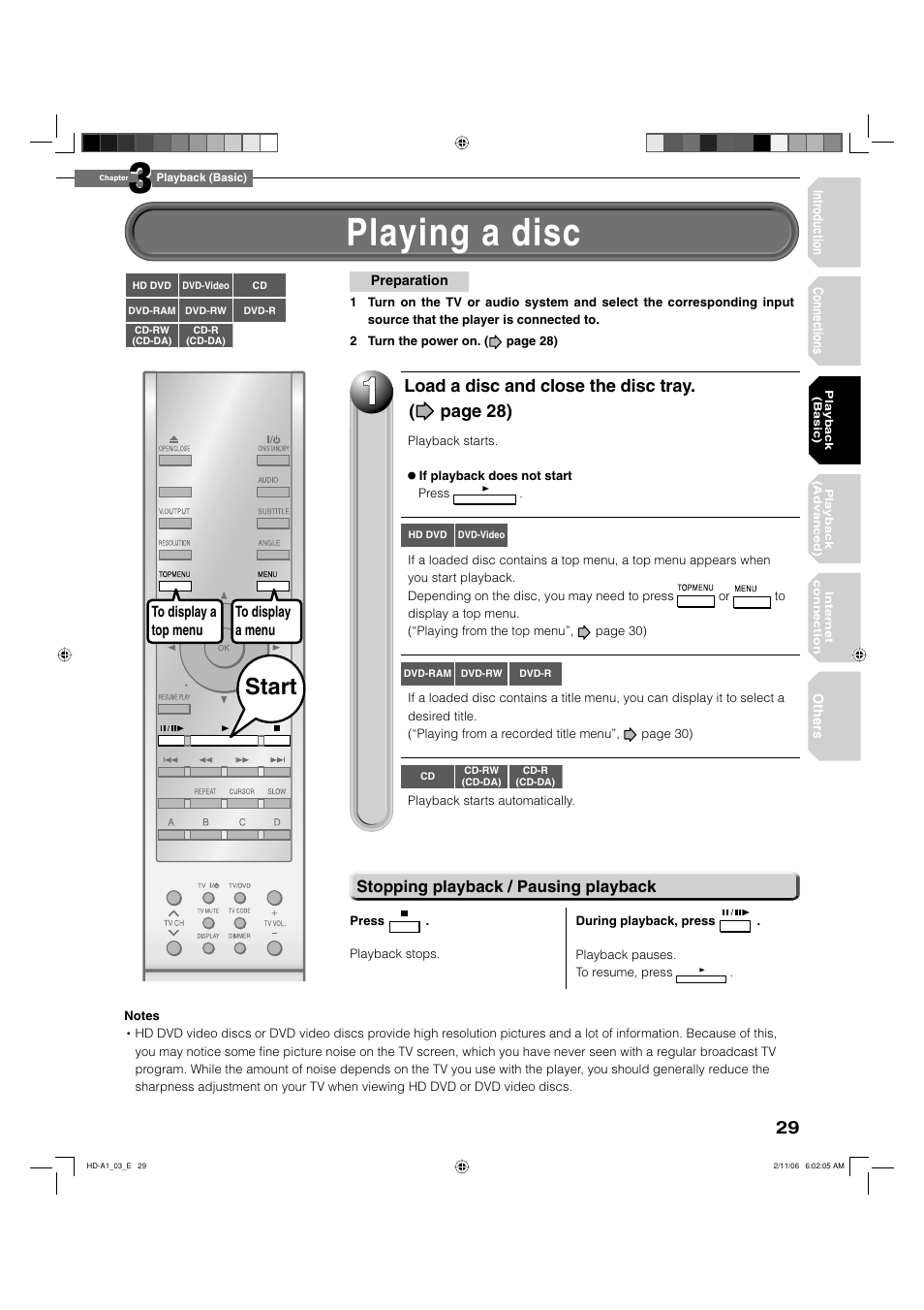 Playing a disc, Start, Load a disc and close the disc tray. ( page 28) | Toshiba HD-A1 User Manual | Page 29 / 68