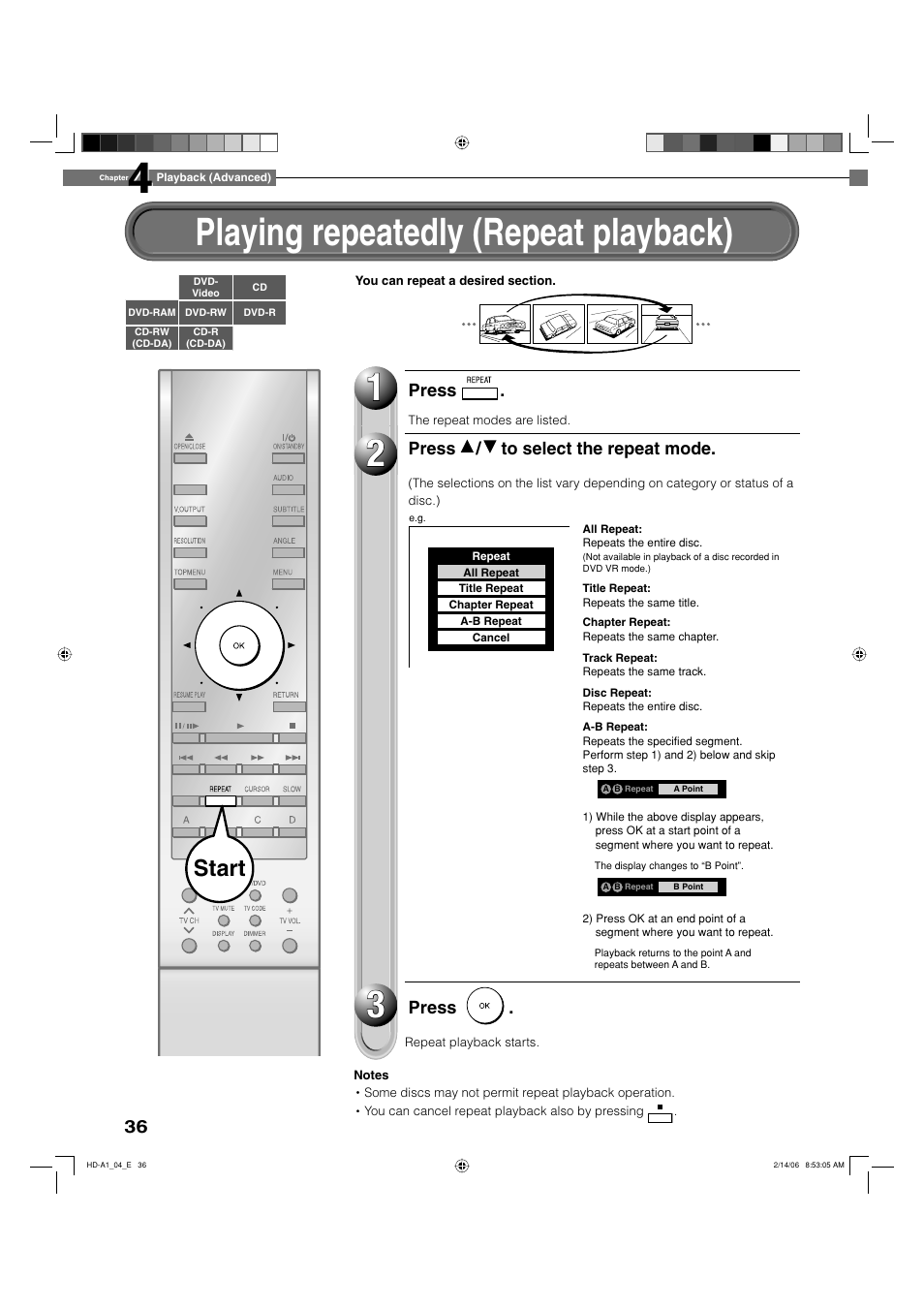 Playing repeatedly (repeat playback), Start | Toshiba HD-A1 User Manual | Page 36 / 68