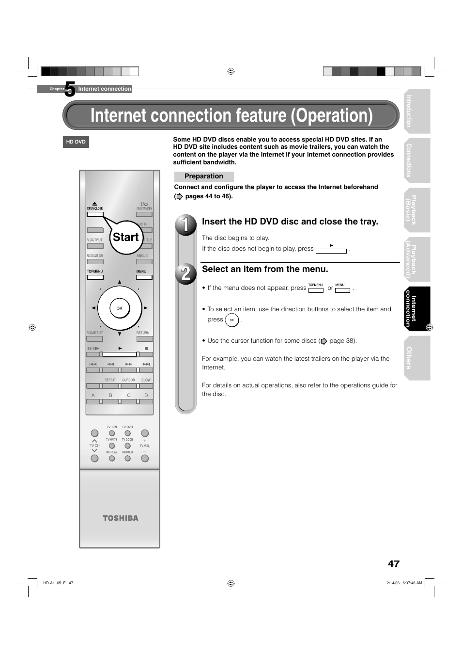 Internet connection feature (operation), Start | Toshiba HD-A1 User Manual | Page 47 / 68