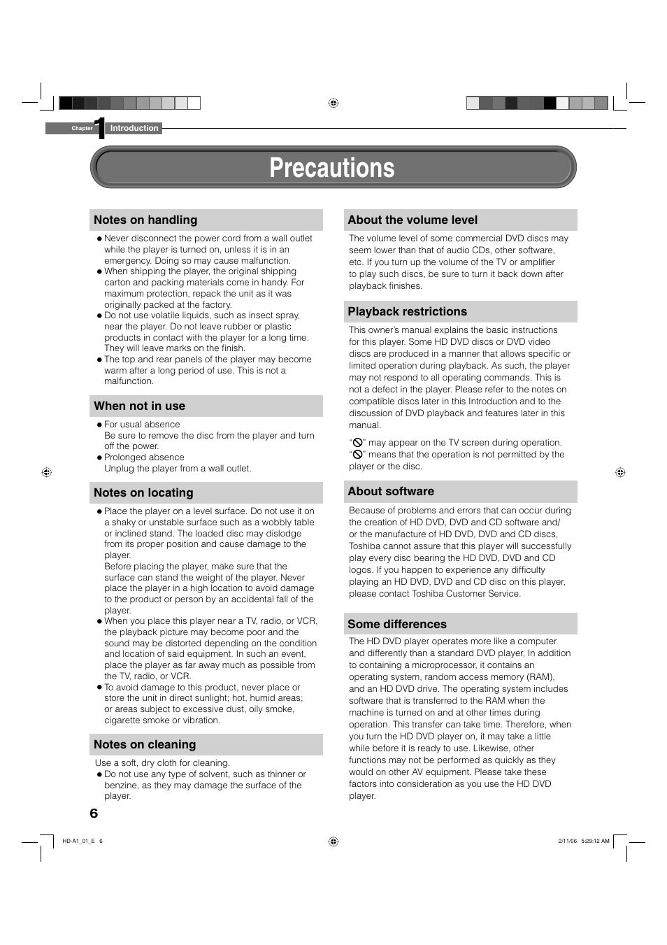 Precautions | Toshiba HD-A1 User Manual | Page 6 / 68
