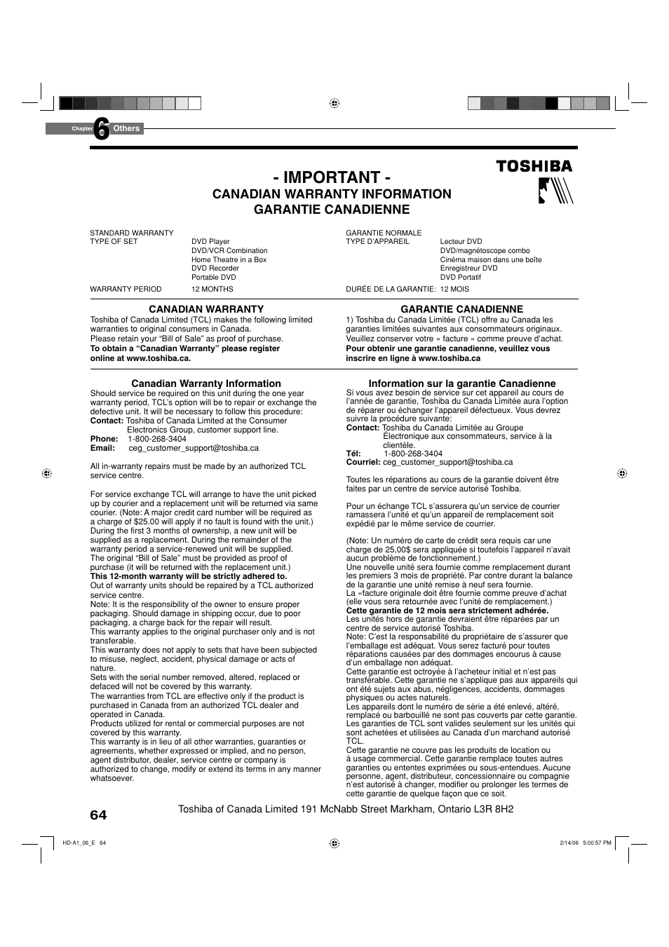 Important, Canadian warranty information garantie canadienne | Toshiba HD-A1 User Manual | Page 64 / 68