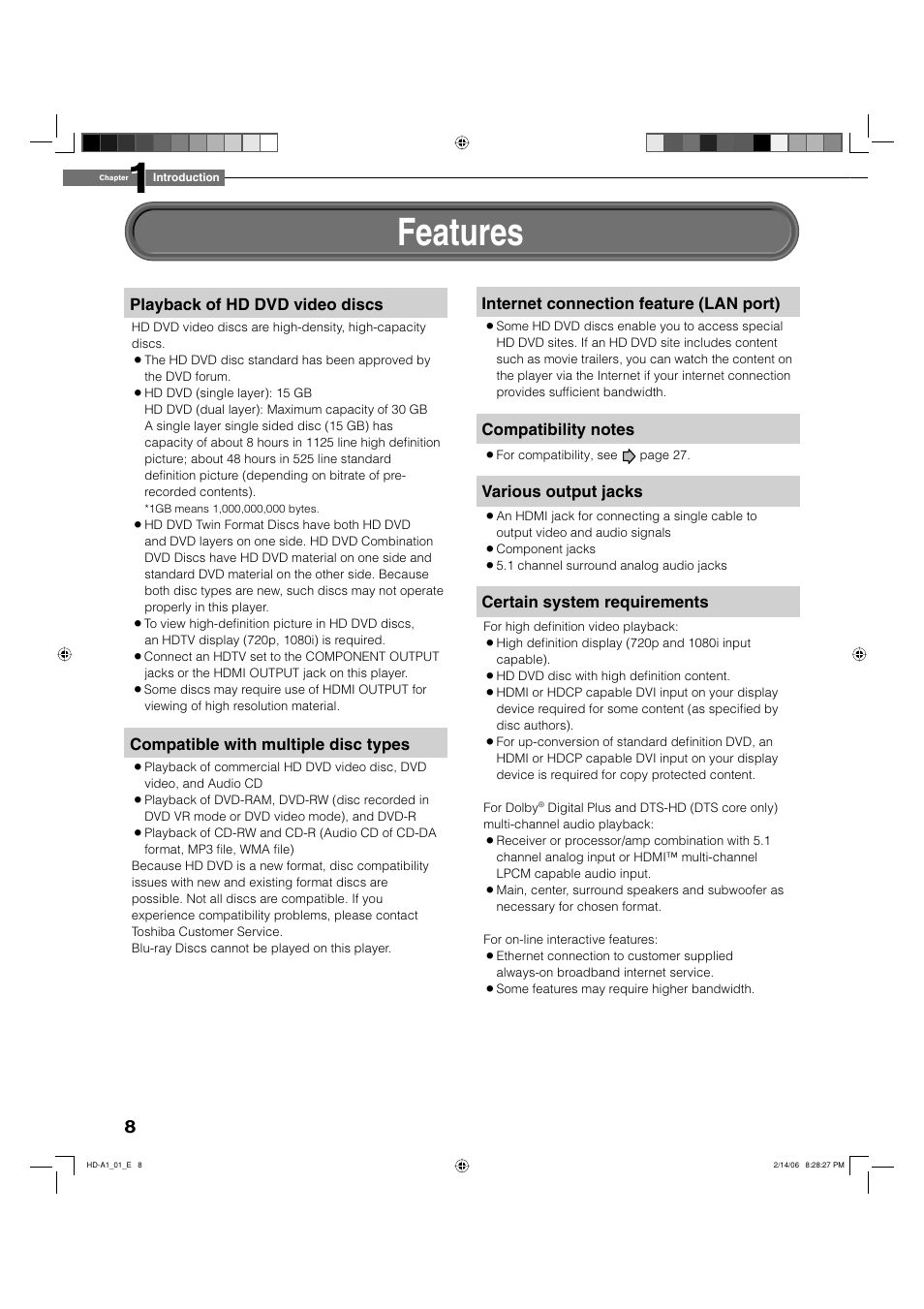 Features | Toshiba HD-A1 User Manual | Page 8 / 68