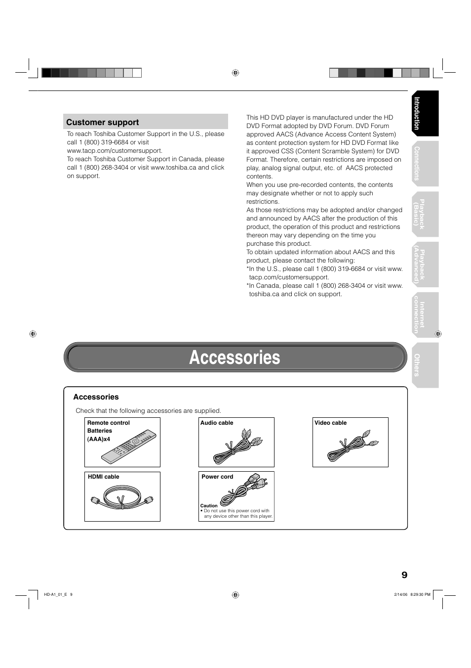 Accessories, Customer support | Toshiba HD-A1 User Manual | Page 9 / 68