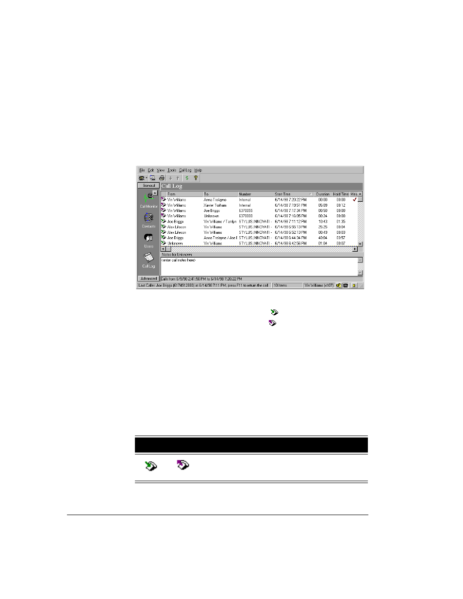 The call log view -2, Call log view columns -2, The call log view | Call log view columns | Toshiba Strata CS User Manual | Page 150 / 249