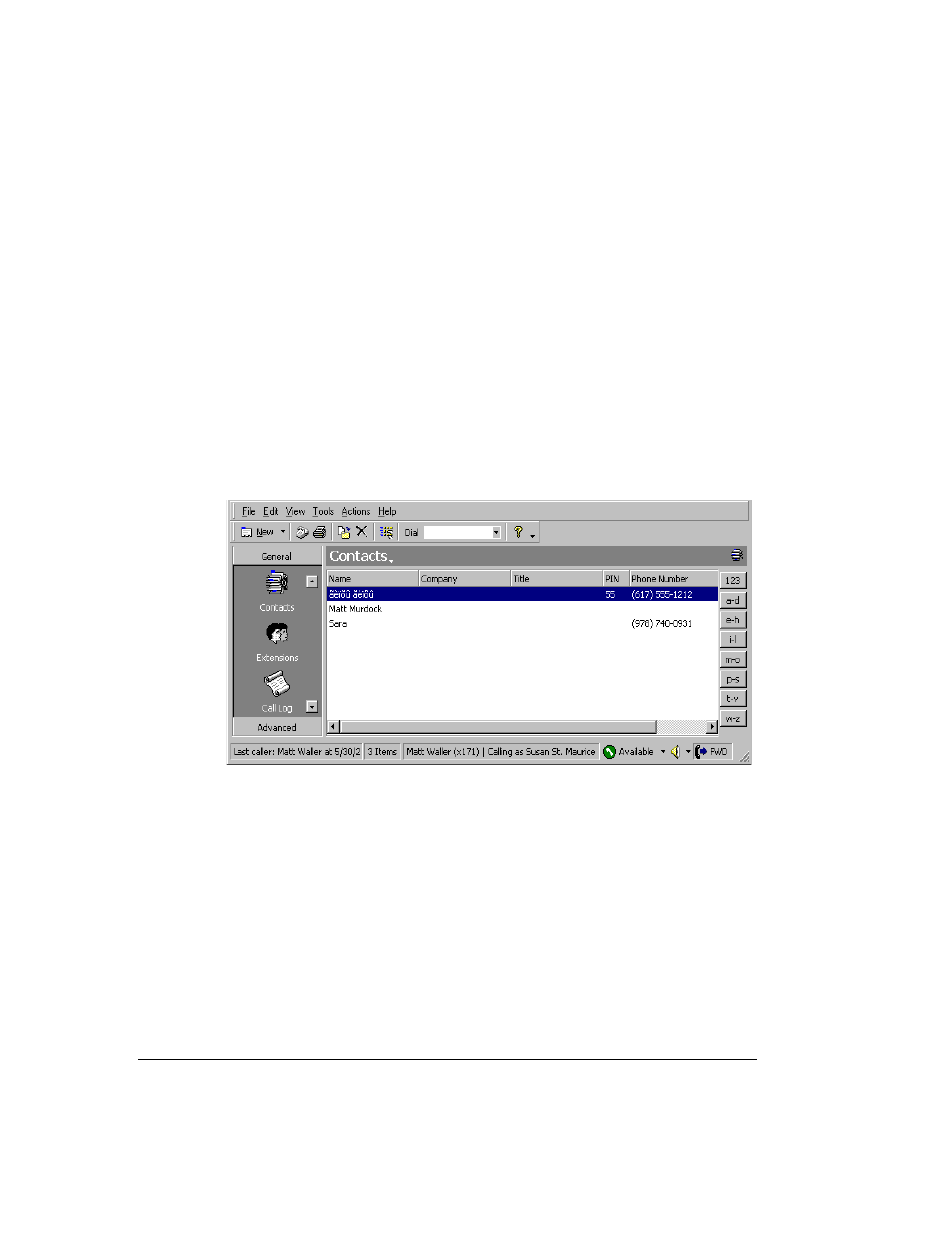 About contact management and strata cs -2, The contacts view -2, About contact management and strata cs | The contacts view, Using contacts folders, Using the a-z buttons for quick access | Toshiba Strata CS User Manual | Page 174 / 249