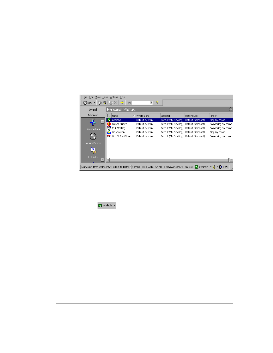 The personal status view -3, The personal status button in the status bar -3, Using predefined personal statuses -3 | The personal status view, Using predefined personal statuses, The personal status button in the status bar | Toshiba Strata CS User Manual | Page 87 / 249
