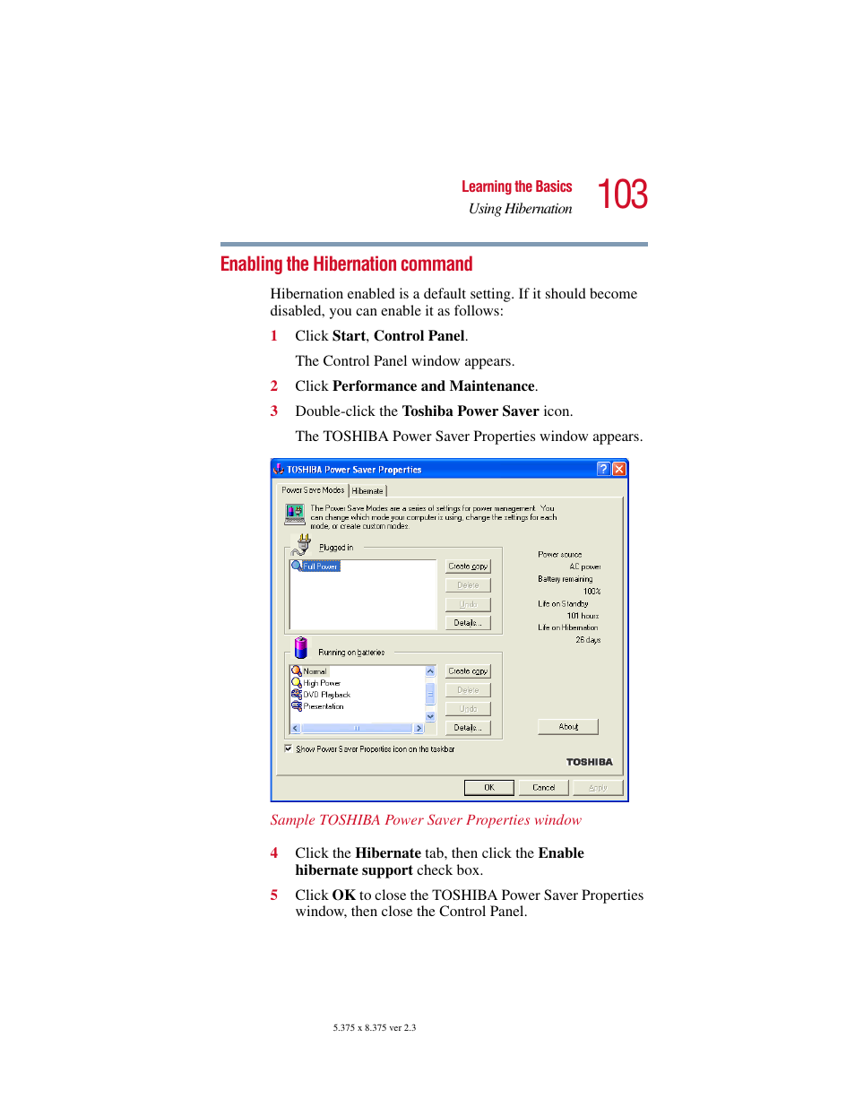 Enabling the hibernation command | Toshiba SATELLITE A10 User Manual | Page 103 / 262