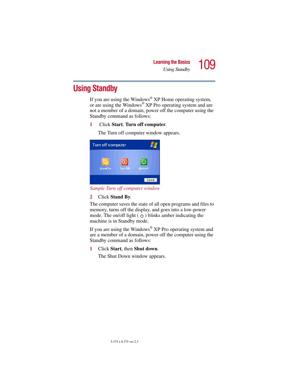Using standby, Using | Toshiba SATELLITE A10 User Manual | Page 109 / 262