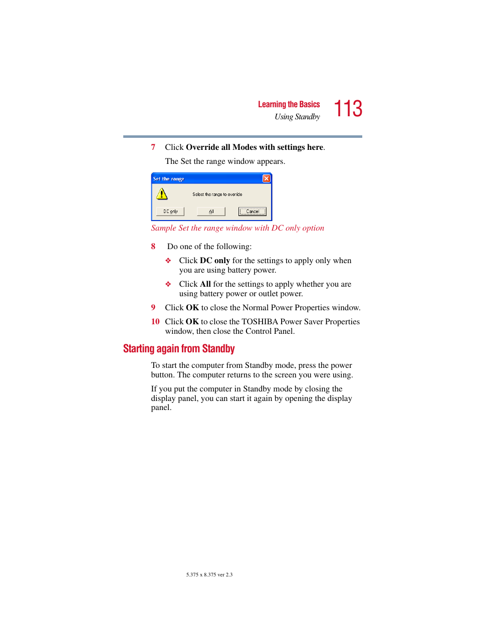 Starting again from standby | Toshiba SATELLITE A10 User Manual | Page 113 / 262