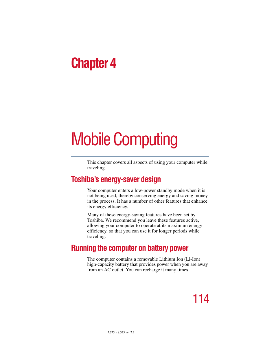 Chapter 4: mobile computing, Toshiba’s energy-saver design, Running the computer on battery power | Mobile computing, Chapter 4 | Toshiba SATELLITE A10 User Manual | Page 114 / 262