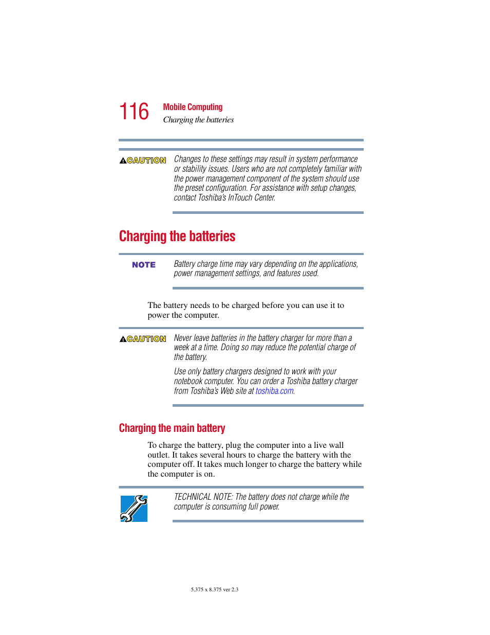 Charging the batteries, Charging the main battery | Toshiba SATELLITE A10 User Manual | Page 116 / 262