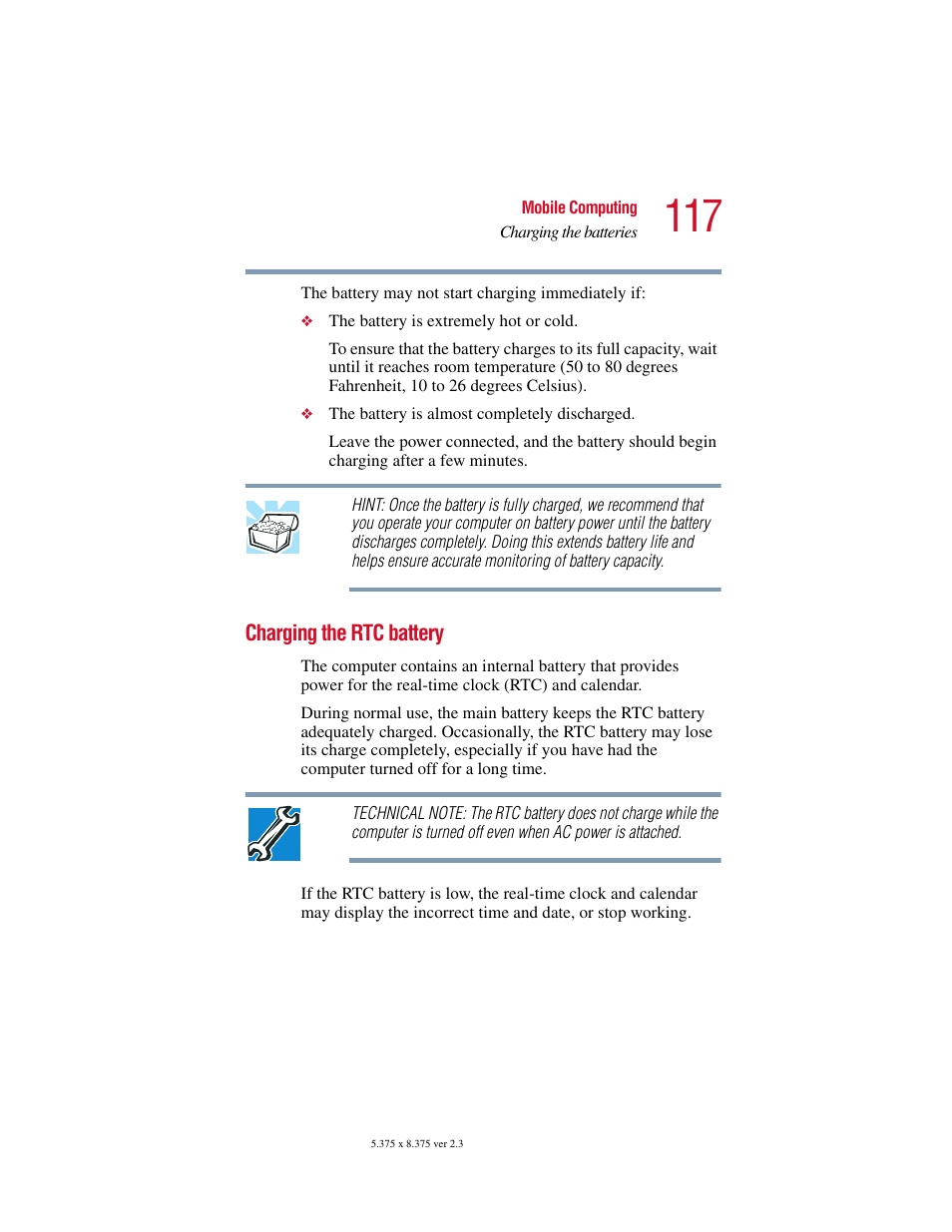 Charging the rtc battery | Toshiba SATELLITE A10 User Manual | Page 117 / 262