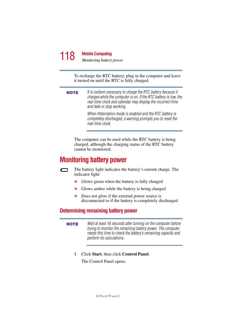 Monitoring battery power, Determining remaining battery power, Monitoring battery | Toshiba SATELLITE A10 User Manual | Page 118 / 262