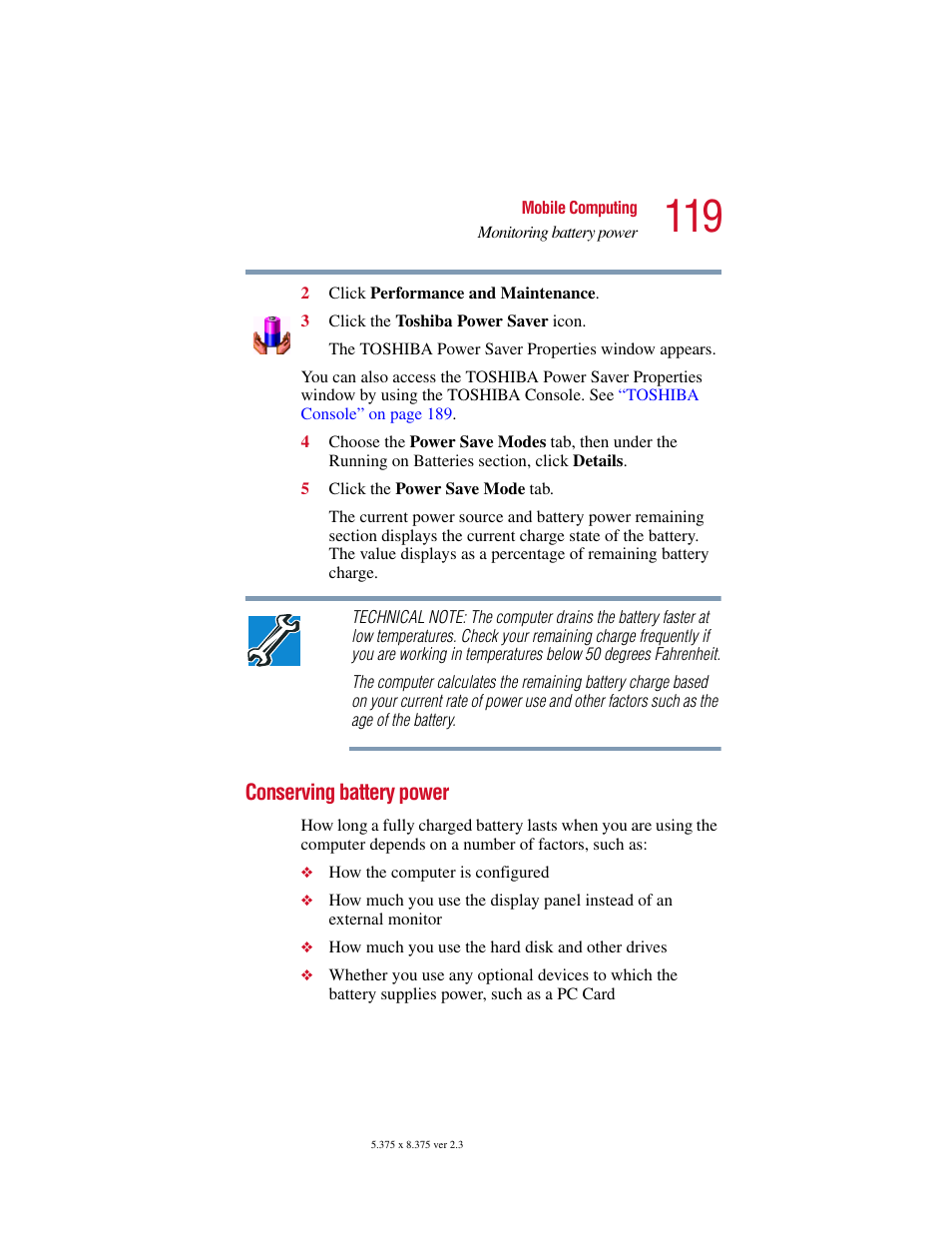 Conserving battery power | Toshiba SATELLITE A10 User Manual | Page 119 / 262