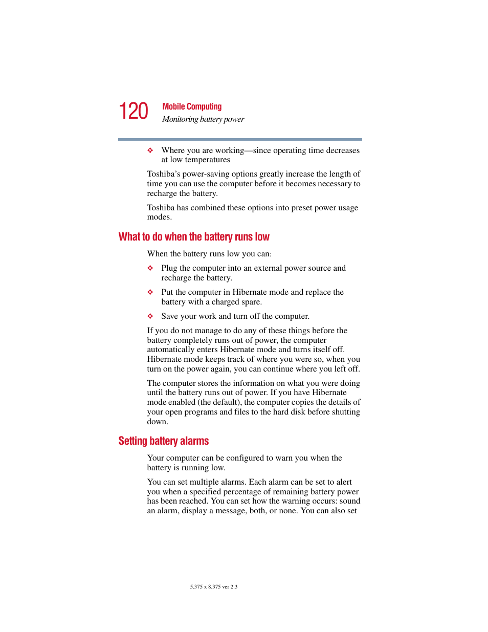 What to do when the battery runs low, Setting battery alarms, Setting battery alarms” on | Toshiba SATELLITE A10 User Manual | Page 120 / 262