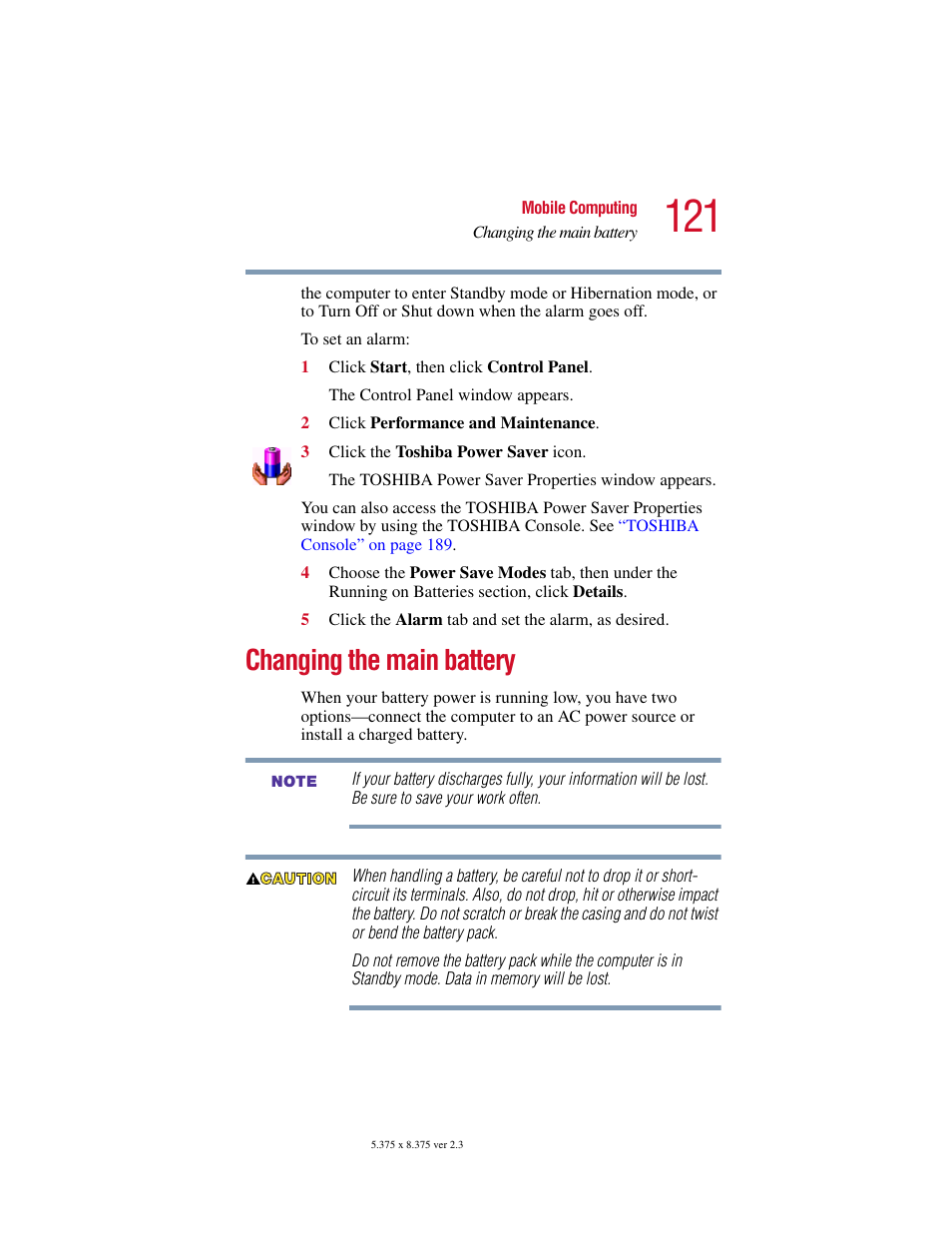 Changing the main battery, Changing the main battery” on | Toshiba SATELLITE A10 User Manual | Page 121 / 262