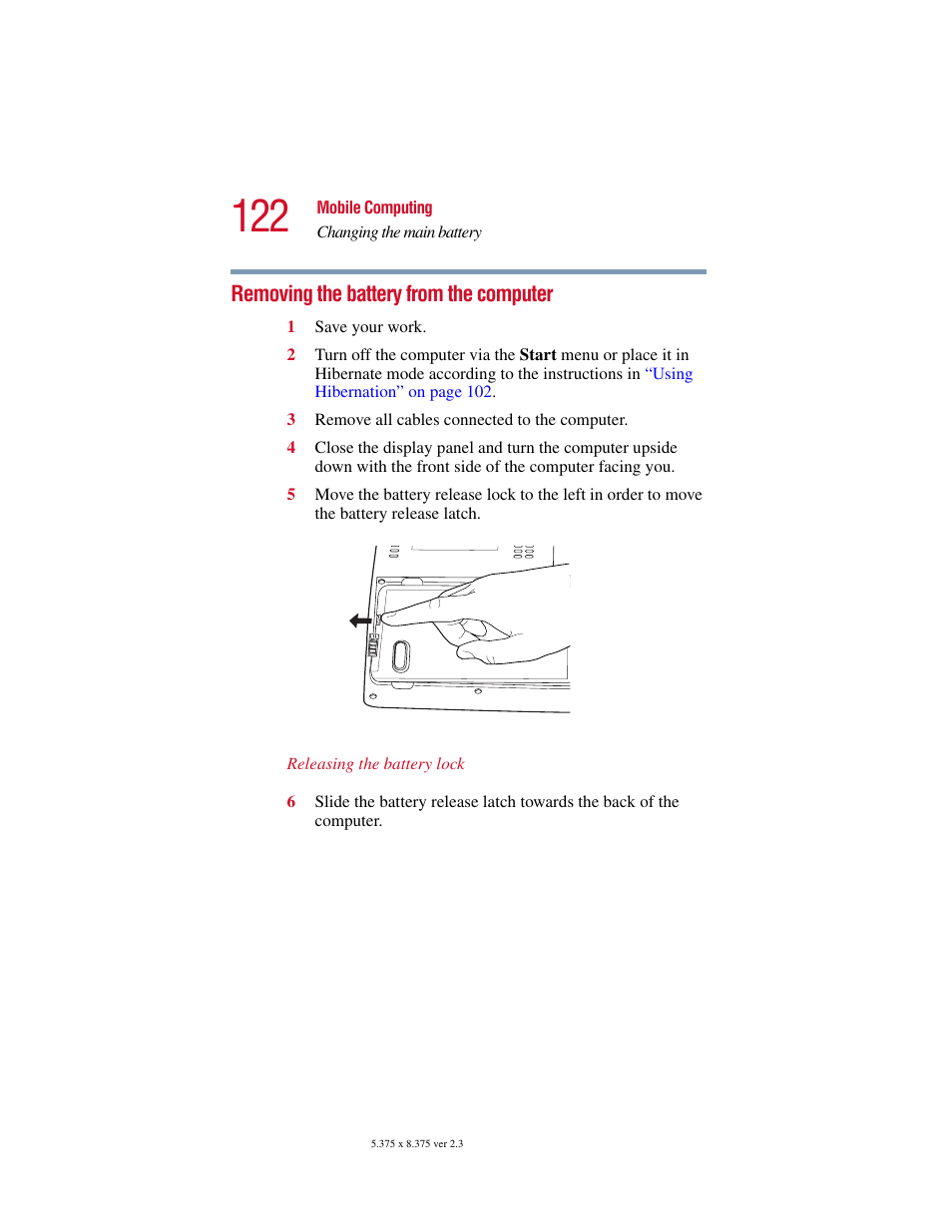 Removing the battery from the computer | Toshiba SATELLITE A10 User Manual | Page 122 / 262