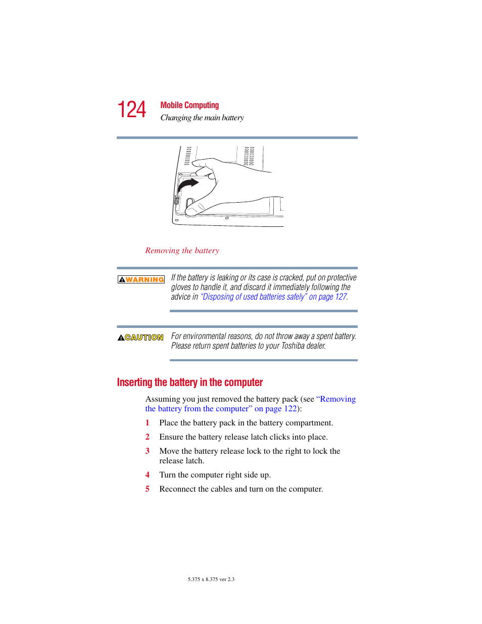 Inserting the battery in the computer | Toshiba SATELLITE A10 User Manual | Page 124 / 262