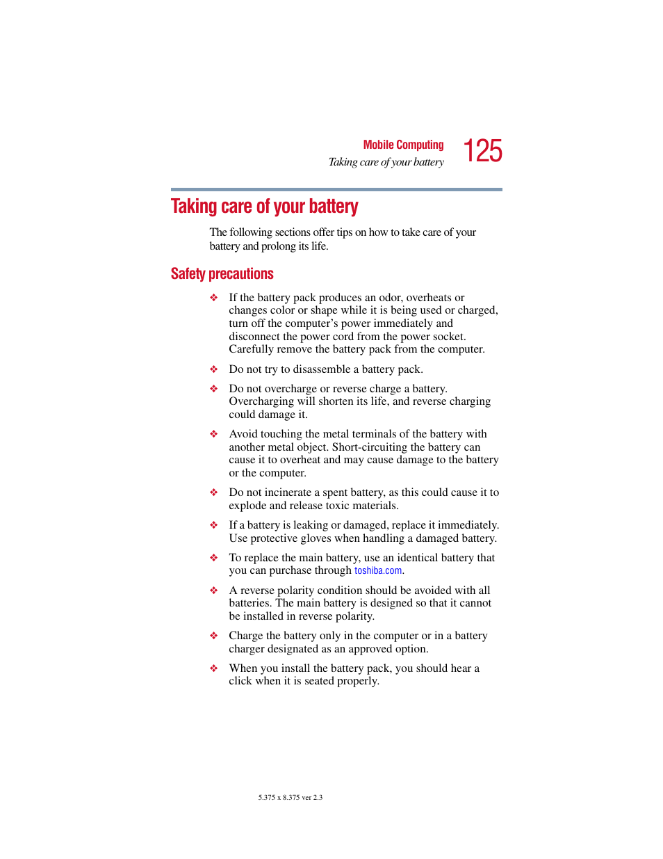 Taking care of your battery, Safety precautions | Toshiba SATELLITE A10 User Manual | Page 125 / 262