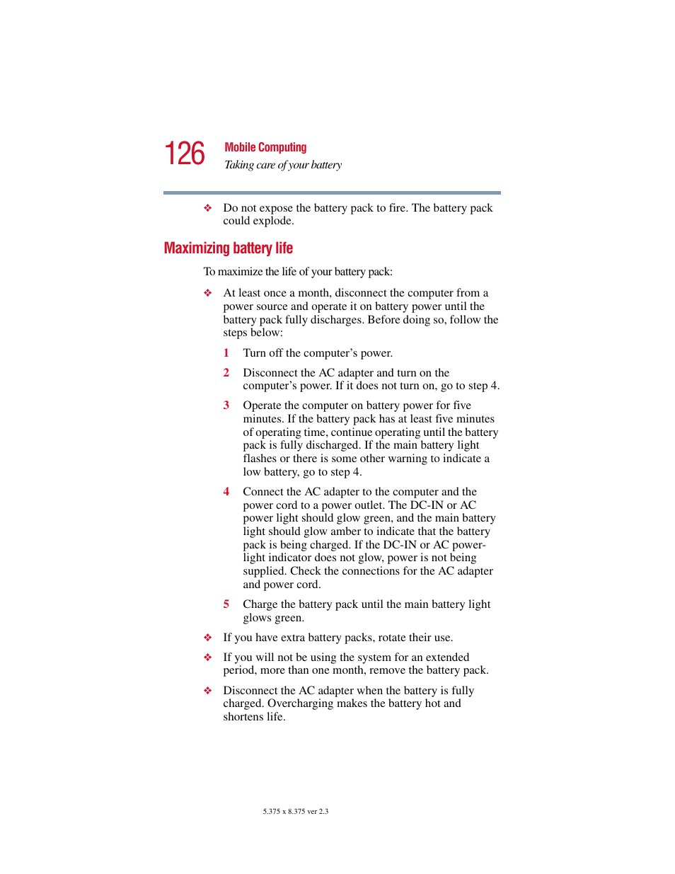 Maximizing battery life | Toshiba SATELLITE A10 User Manual | Page 126 / 262
