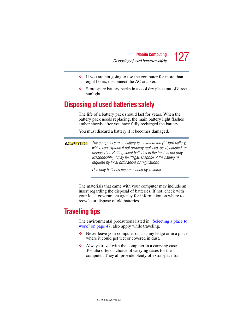 Disposing of used batteries safely, Traveling tips, Disposing of used batteries safely traveling tips | Toshiba SATELLITE A10 User Manual | Page 127 / 262