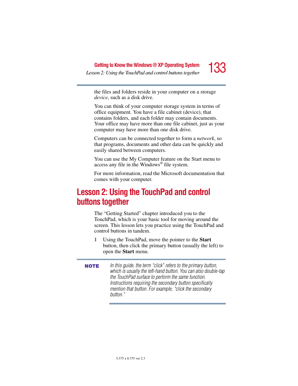 Lesson 2: using the touchpad and, Control buttons together | Toshiba SATELLITE A10 User Manual | Page 133 / 262