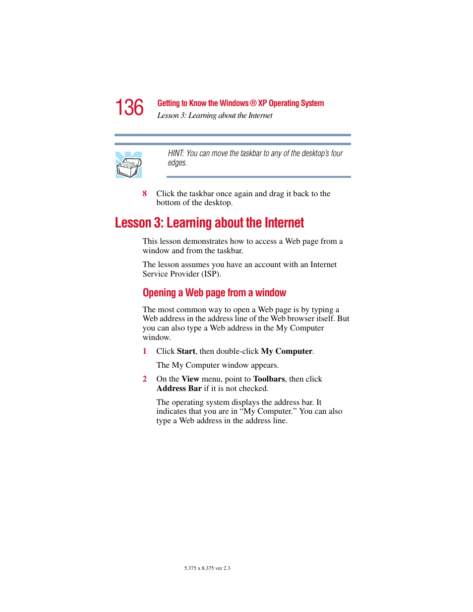 Lesson 3: learning about the internet | Toshiba SATELLITE A10 User Manual | Page 136 / 262