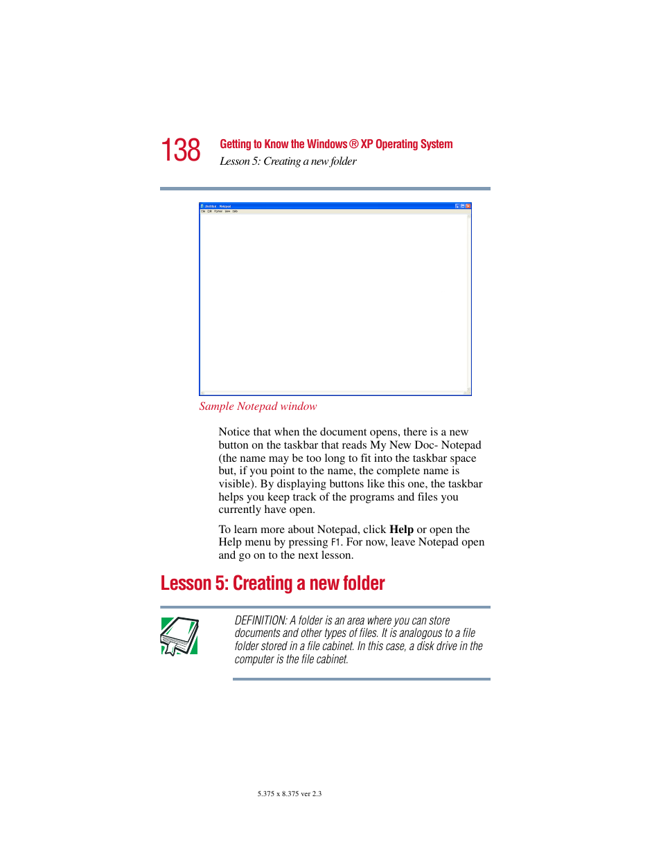 Lesson 5: creating a new folder | Toshiba SATELLITE A10 User Manual | Page 138 / 262