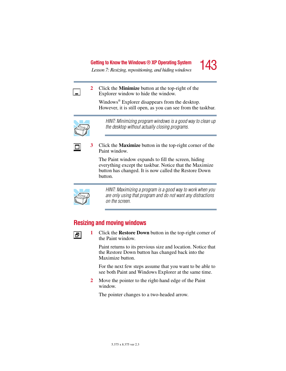 Resizing and moving windows | Toshiba SATELLITE A10 User Manual | Page 143 / 262