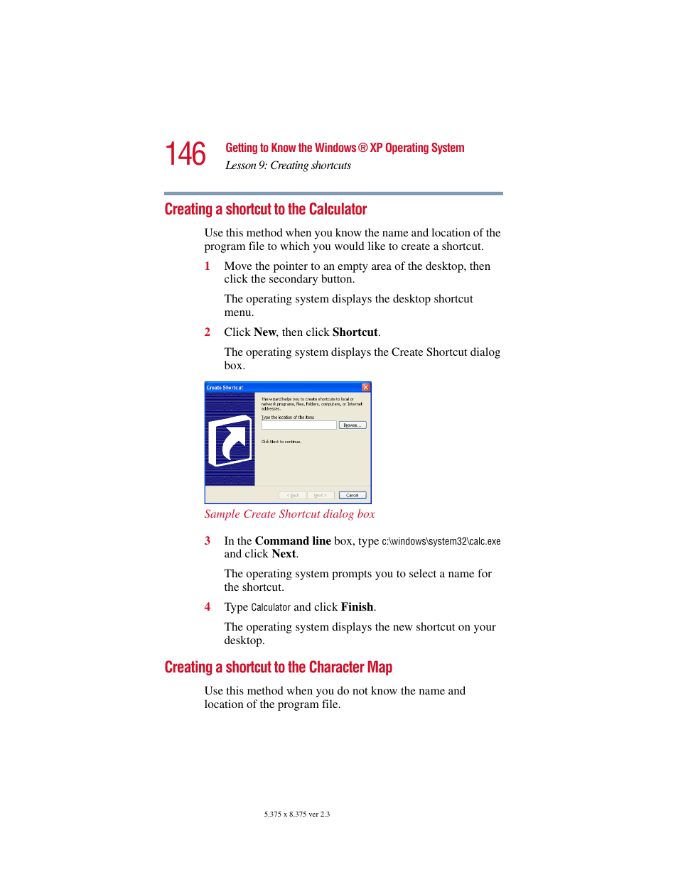 Creating a shortcut to the calculator, Creating a shortcut to the character map | Toshiba SATELLITE A10 User Manual | Page 146 / 262