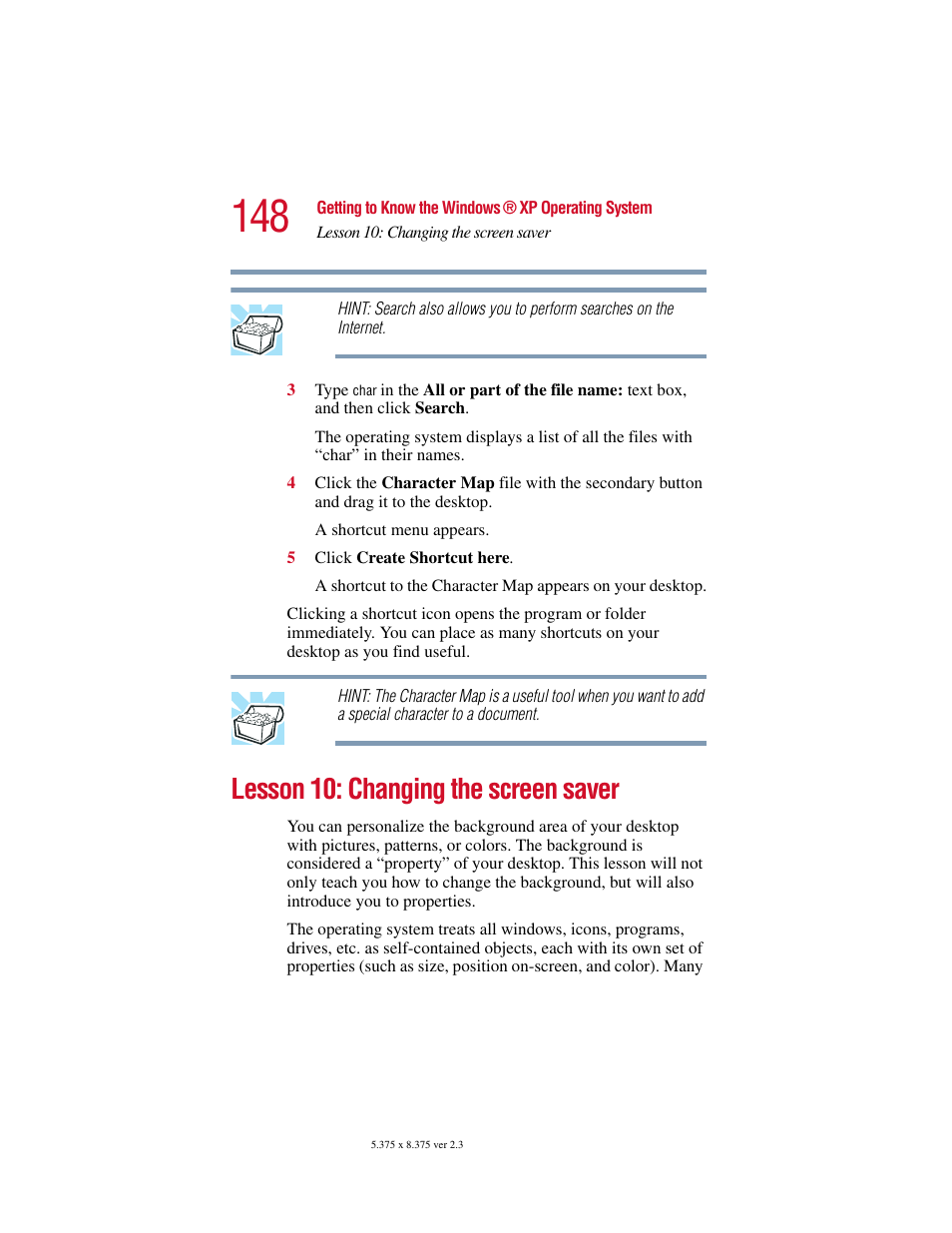 Lesson 10: changing the screen saver | Toshiba SATELLITE A10 User Manual | Page 148 / 262