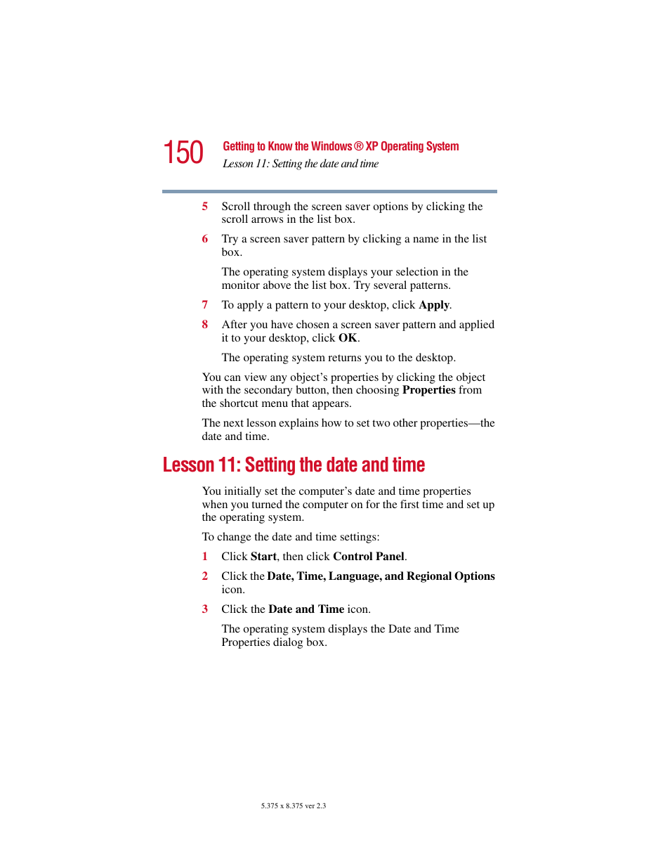 Lesson 11: setting the date and time | Toshiba SATELLITE A10 User Manual | Page 150 / 262