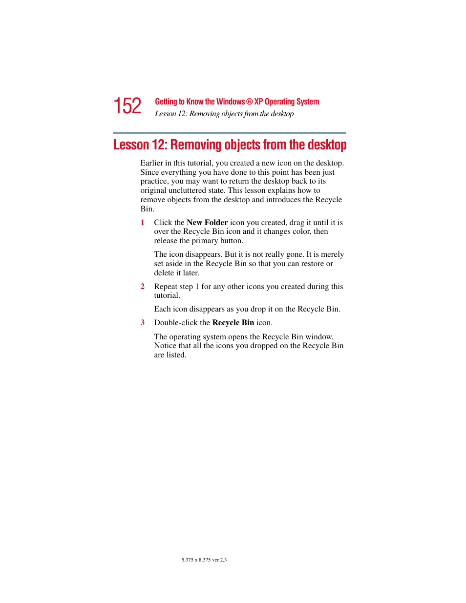 Lesson 12: removing objects from the desktop | Toshiba SATELLITE A10 User Manual | Page 152 / 262