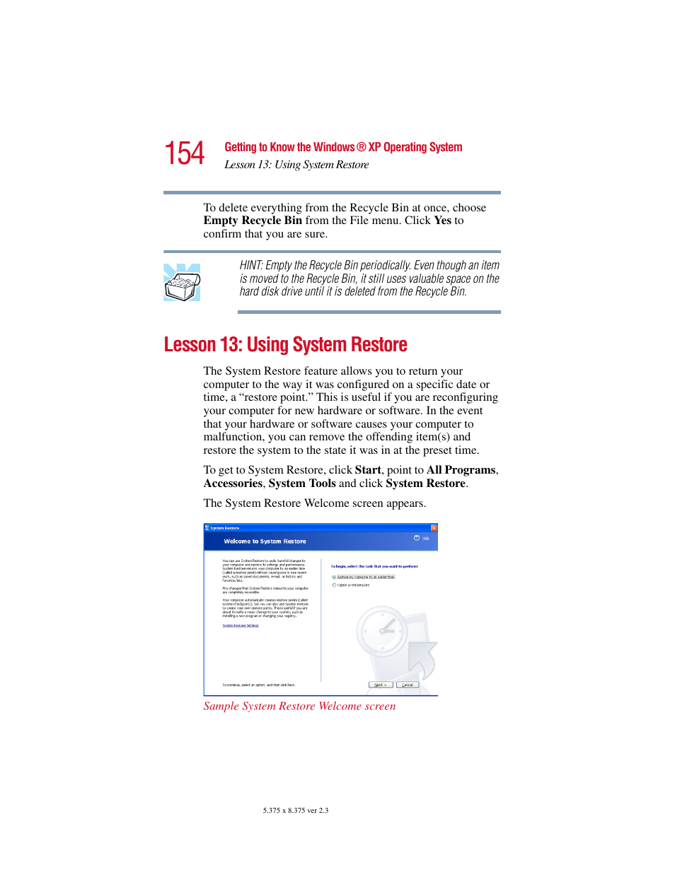 Lesson 13: using system restore | Toshiba SATELLITE A10 User Manual | Page 154 / 262