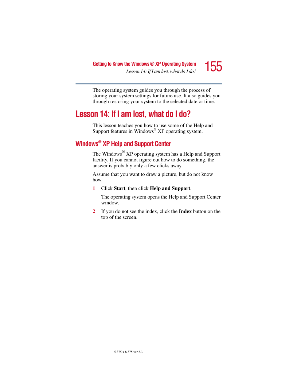 Lesson 14: if i am lost, what do i do, Windows® xp help and support center, Windows | Toshiba SATELLITE A10 User Manual | Page 155 / 262