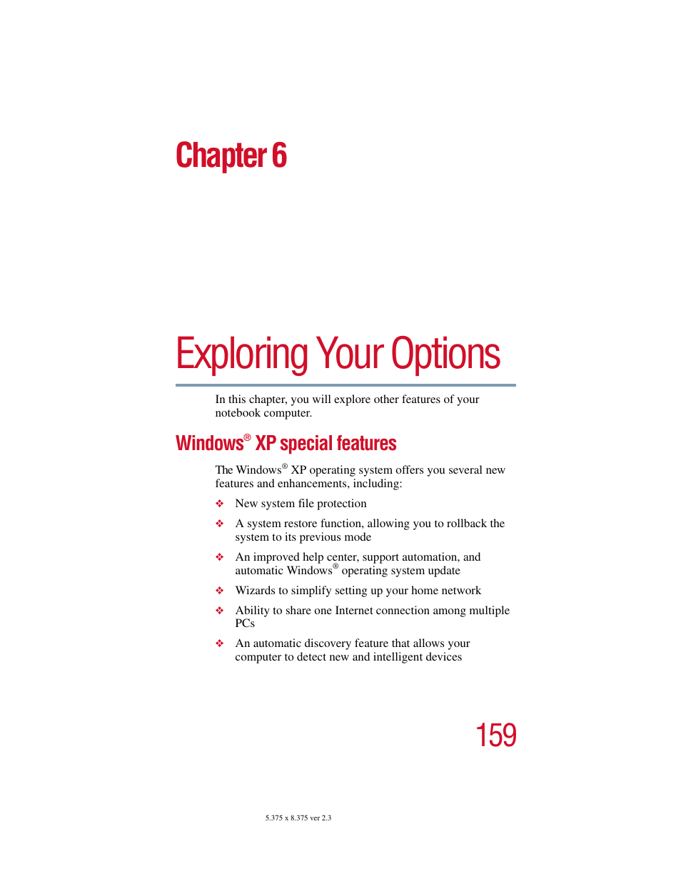 Chapter 6: exploring your options, Windows® xp special features, Windows | Exploring your options, Chapter 6, Xp special features | Toshiba SATELLITE A10 User Manual | Page 159 / 262