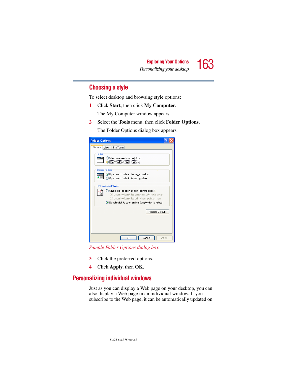 Personalizing individual windows | Toshiba SATELLITE A10 User Manual | Page 163 / 262