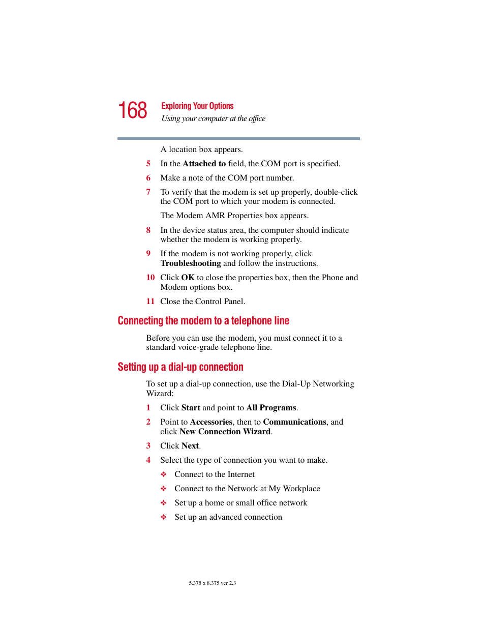 Connecting the modem to a telephone line, Setting up a dial-up connection | Toshiba SATELLITE A10 User Manual | Page 168 / 262