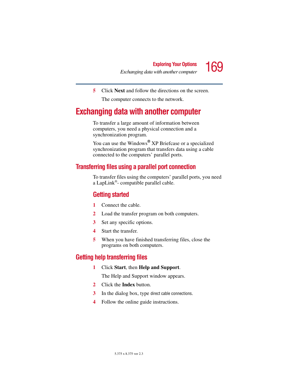 Exchanging data with another computer, Getting help transferring files, Transferring files using a parallel port | Connection | Toshiba SATELLITE A10 User Manual | Page 169 / 262