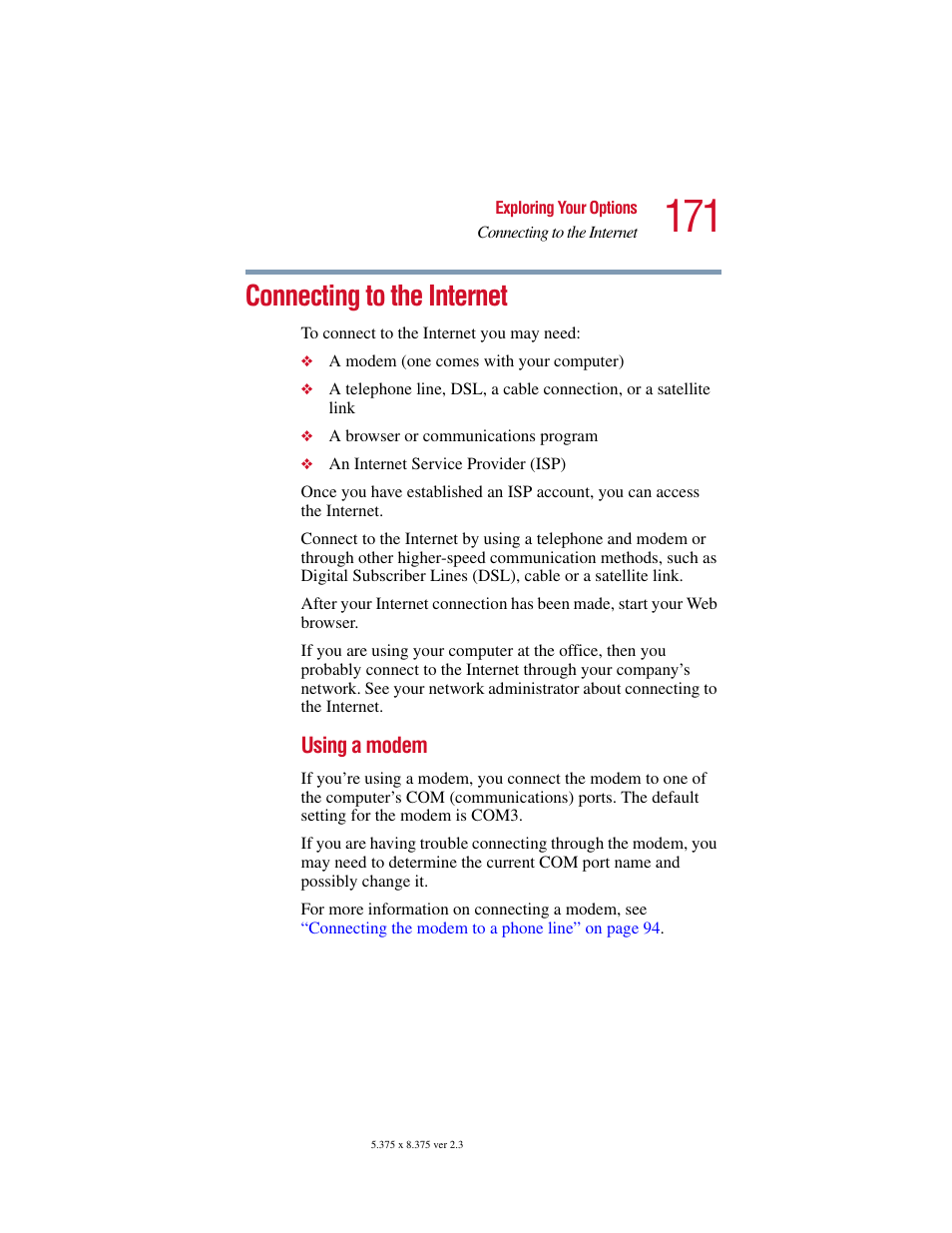 Connecting to the internet | Toshiba SATELLITE A10 User Manual | Page 171 / 262