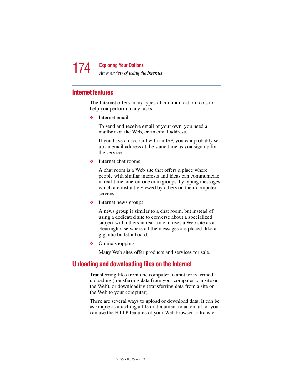 Internet features, Uploading and downloading files on the internet, The internet | Toshiba SATELLITE A10 User Manual | Page 174 / 262