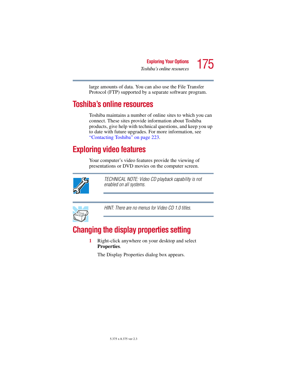 Toshiba’s online resources, Exploring video features, Changing the display properties setting | Toshiba SATELLITE A10 User Manual | Page 175 / 262