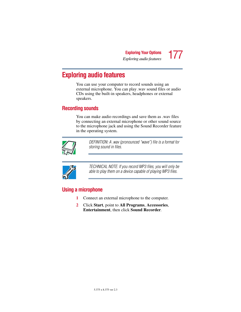 Exploring audio features, Recording sounds, Using a microphone | Recording sounds using a microphone | Toshiba SATELLITE A10 User Manual | Page 177 / 262